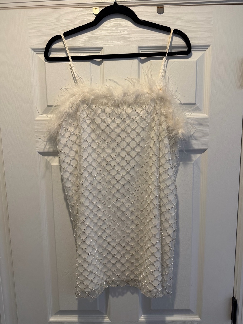 Storia White Feather-Trim Beaded Mini Dress